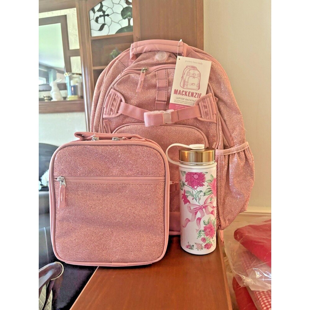 School Pottery barn kids LARGE BACKPACK LUNCH WATER Glitter Floral Bag Travel . - Picture 12 of 16